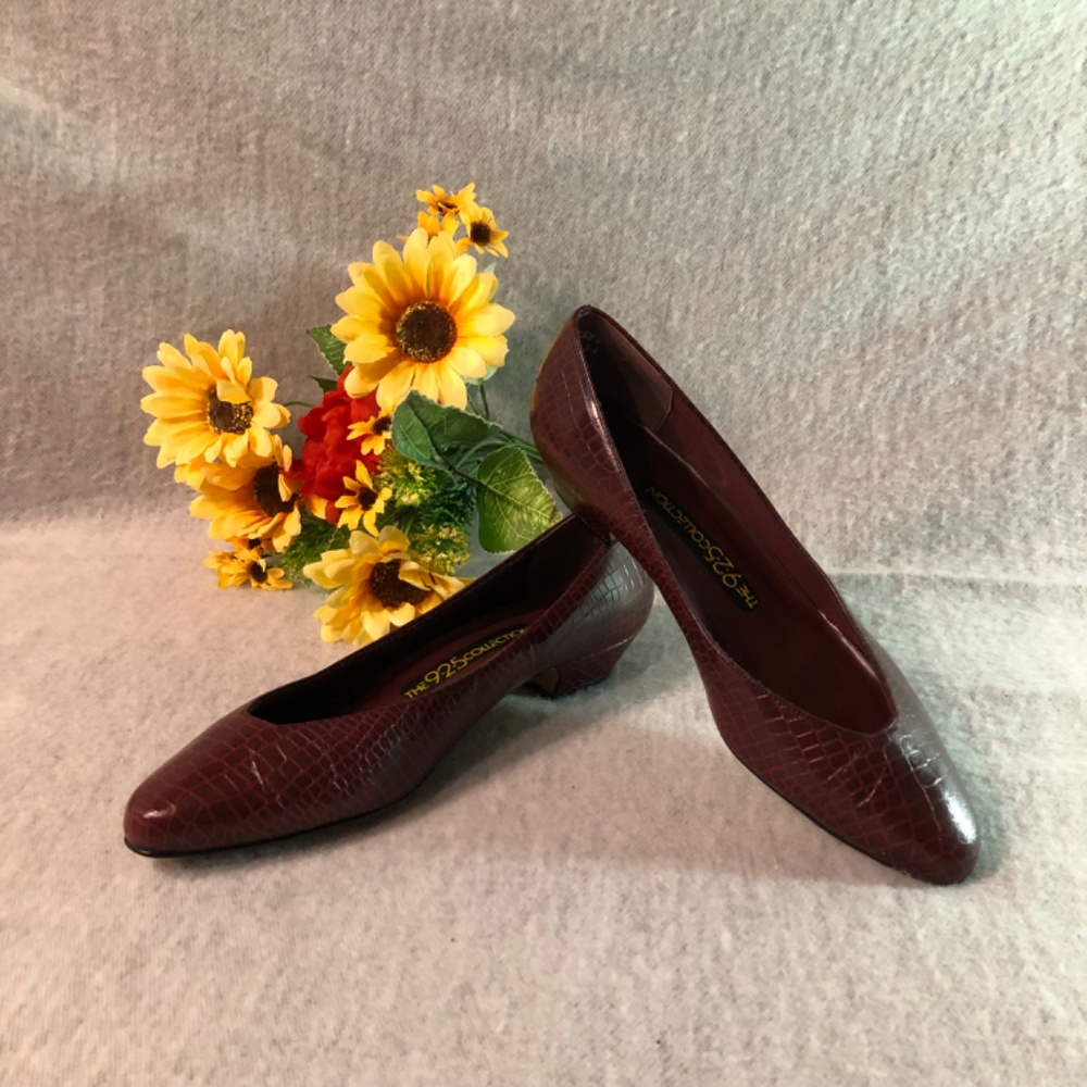 Burgundy ‘Crocodile’ Low-Heel Pumps - Picture 16 of 16
